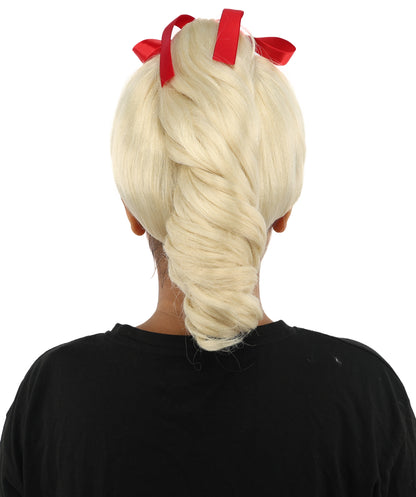 HPO Women's Spiral Ponytail Wig | Multicolor Options | High Updo with Red Ribbon Bow & Bangs, Heat Friendly Synthetic Fiber & Breathable Cap | Halloween, Christmas Event, Themed Party, Theater & Roleplay