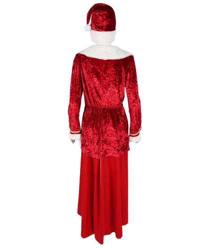 HPO Women’s Festive Holiday Costume Set | Red Velvet Dress with White Faux Fur Trim & Matching | Adjustable Fit | For Christmas Parties, Cosplay & Seasonal Events