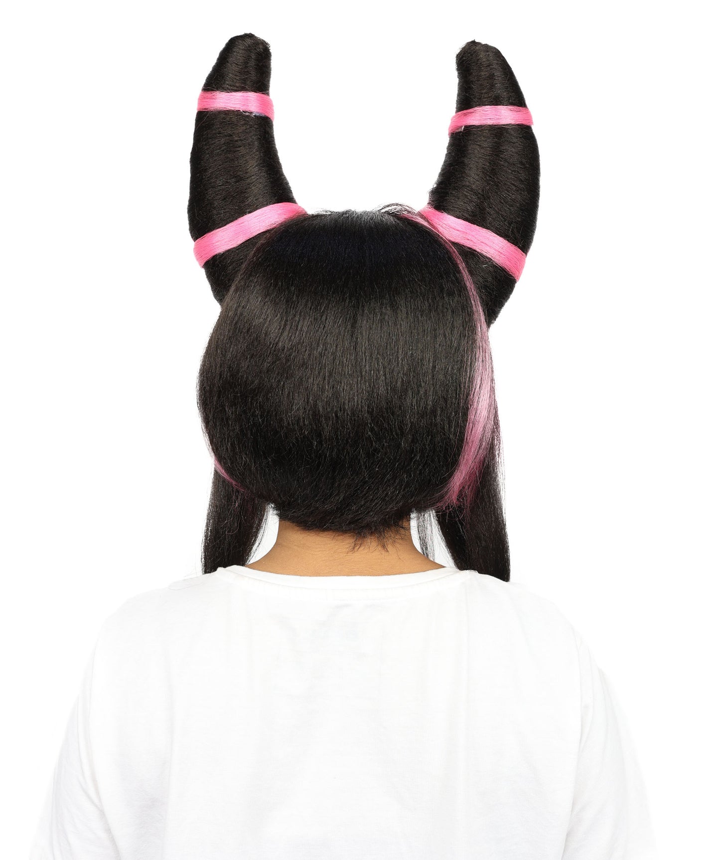 HPO Women’s Twin Bun Cosplay Wig | Black With Pink Spiky Hairpiece with Styled Double Buns | Synthetic Fibers with Adjustable Cap for Parties & Stage