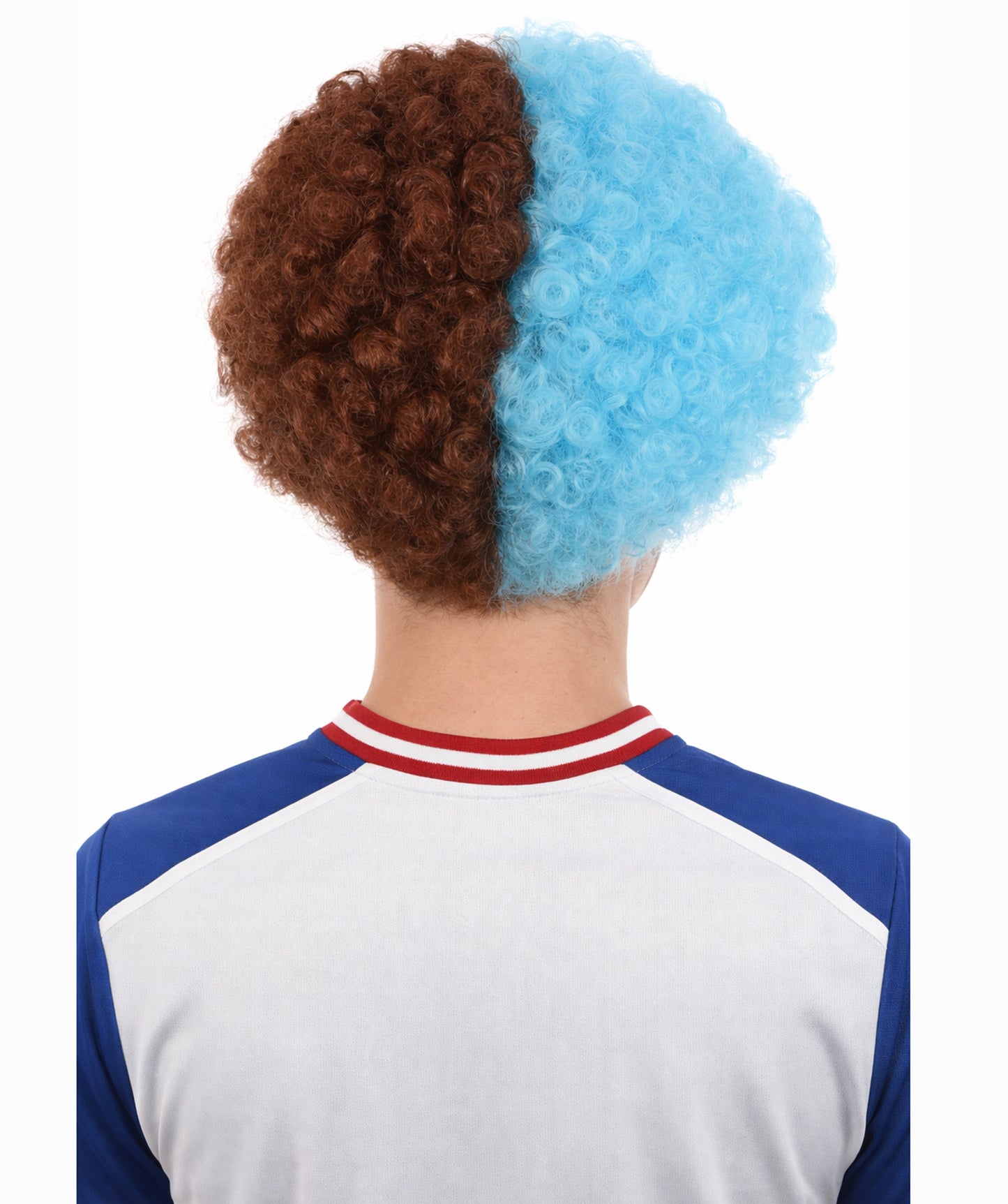 HPO Split Tone Curly Wig | Wine and Sky Blue Kinky Texture Flame-retardant Synthetic Fiber | Halloween Themed Party Sports Rally Fan Prop