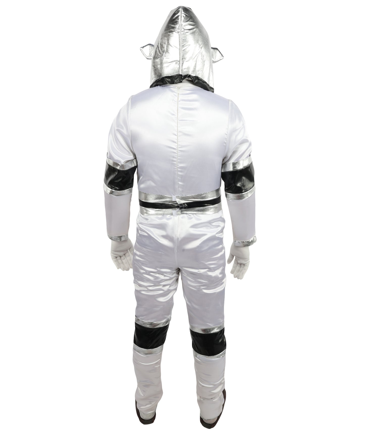 HPO Men's Metallic Silver & Black Android Bodysuit | Shiny PVC and Satin Finish with Full Head Cap and Matching Hand Gloves | Ideal for Cosplay, Halloween, Drag, and Futuristic Theater Performances