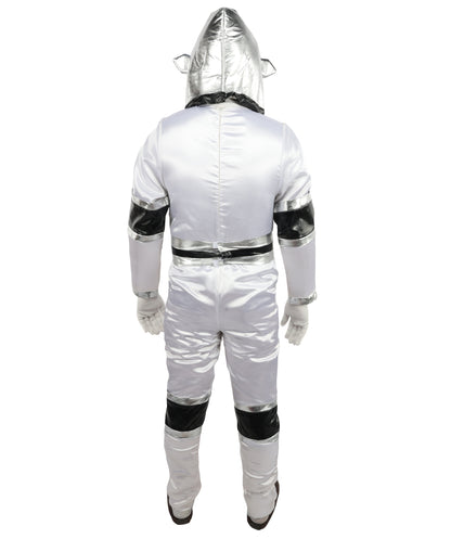 HPO Men's Metallic Silver & Black Android Bodysuit | Shiny PVC and Satin Finish with Full Head Cap and Matching Hand Gloves | Ideal for Cosplay, Halloween, Drag, and Futuristic Theater Performances
