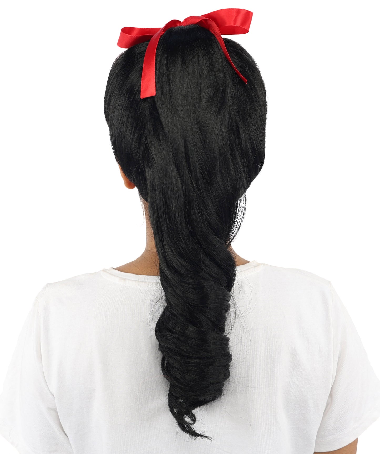 HPO Women's Spiral Ponytail Wig | Multicolor Options | High Updo with Red Ribbon Bow & Bangs, Heat Friendly Synthetic Fiber & Breathable Cap | Halloween, Christmas Event, Themed Party, Theater & Roleplay