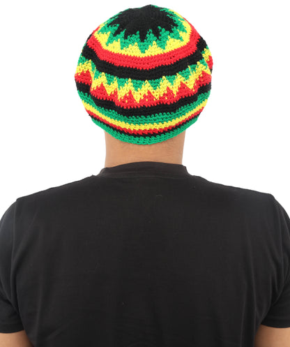 HPO Red Yellow Green Striped Rasta Beanie Hat Rainbow Knit Cap - Knitted Rainbow Headwear with Black Accents Rounded Relaxed Fit for Halloween Cosplay Parties & Events