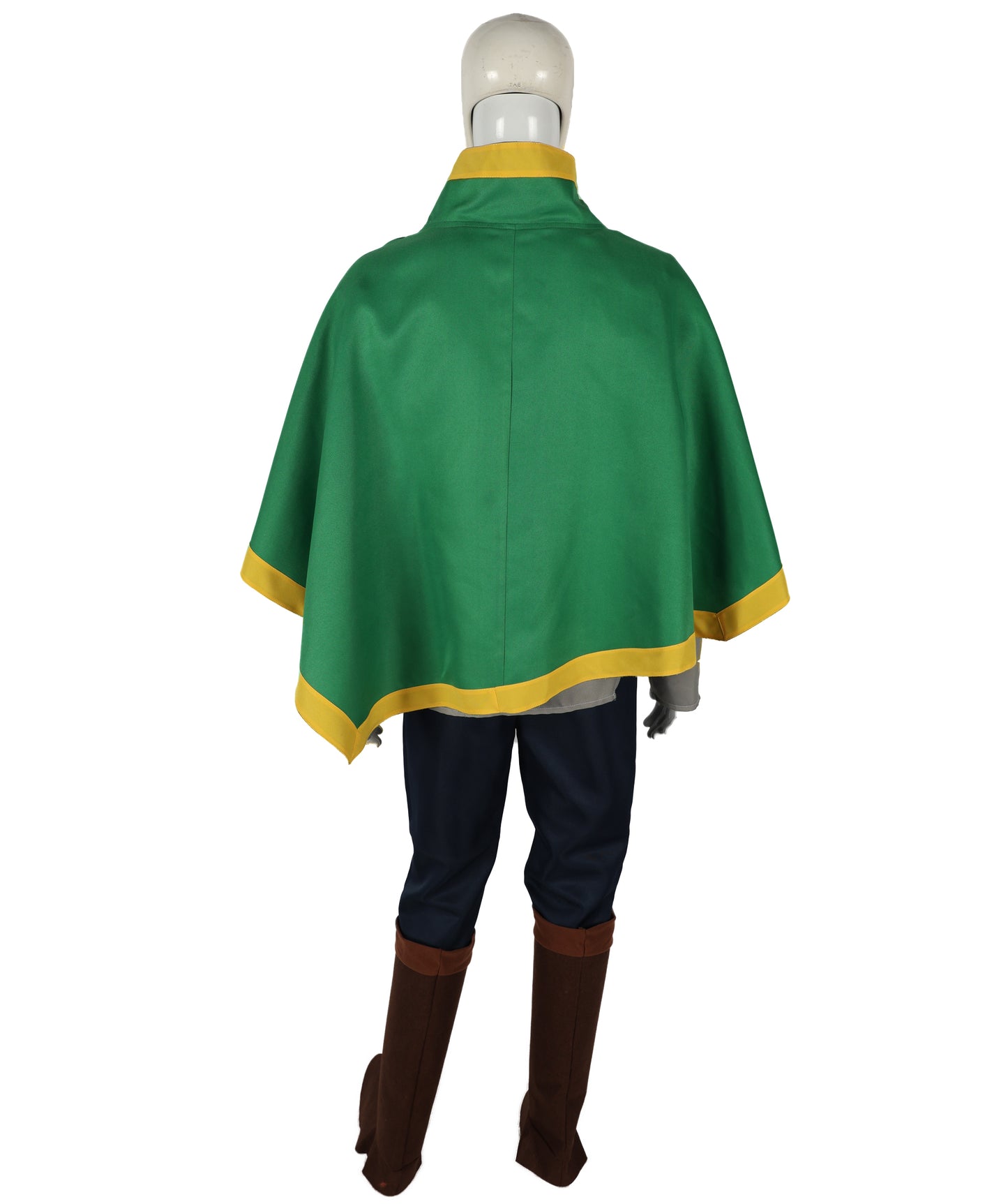 Fantasy Adventurer Roleplay Suit | Green and white uniform tricote construction featuring a koti capelet, body shirt, pants, belt, and leg socks | Ideal for party, Halloween, cosplay, theater, drag, performance, costume events