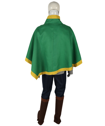 Fantasy Adventurer Roleplay Suit | Green and white uniform tricote construction featuring a koti capelet, body shirt, pants, belt, and leg socks | Ideal for party, Halloween, cosplay, theater, drag, performance, costume events