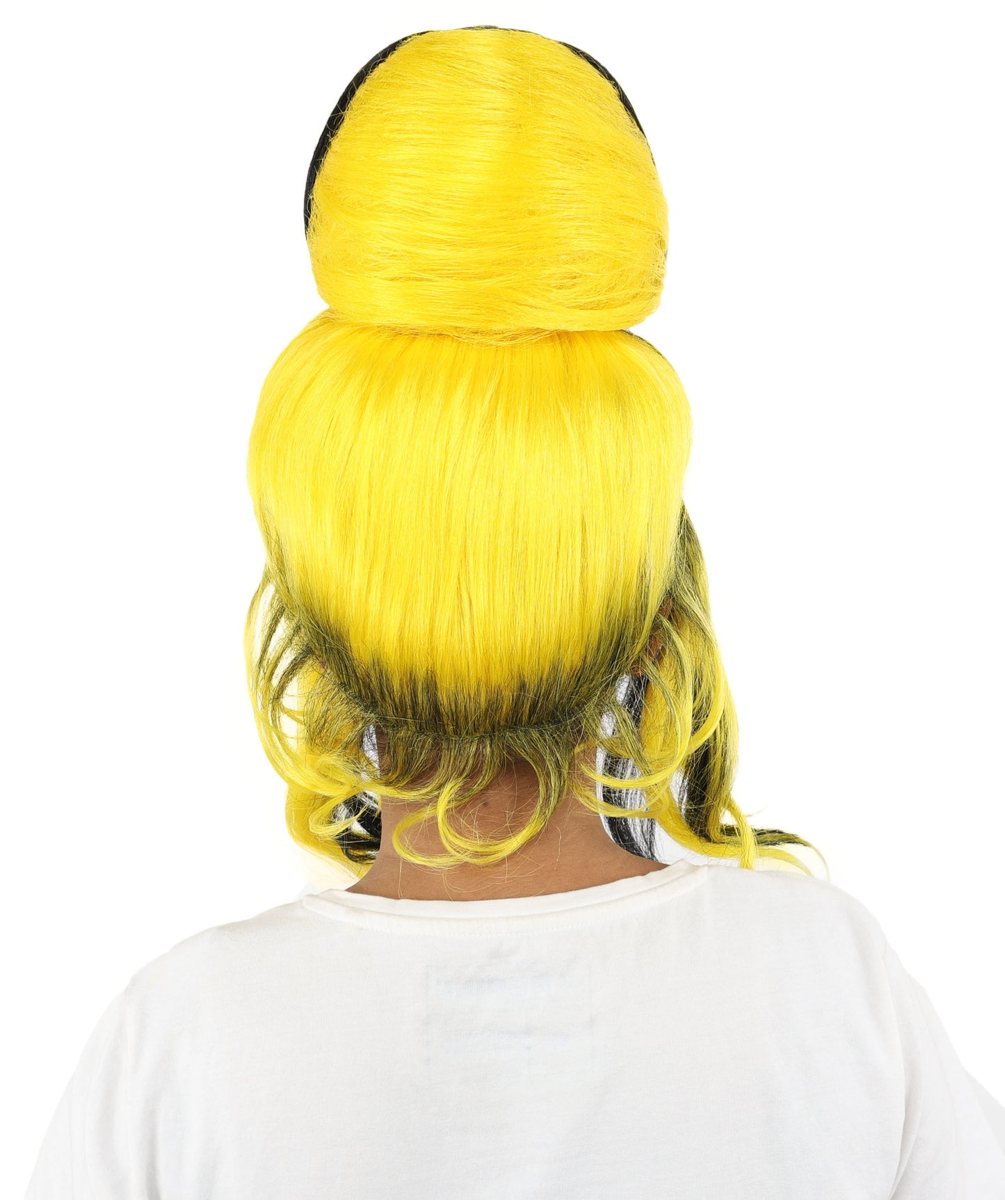 HPO Women's Two Tone High Bun Wig | Black and yellow synthetic fibers with tall structural top knot sweeping side bangs and capless base | Essential for theatrical stage drag performance costume events and party