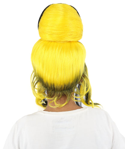 HPO Women's Two Tone High Bun Wig | Black and yellow synthetic fibers with tall structural top knot sweeping side bangs and capless base | Essential for theatrical stage drag performance costume events and party