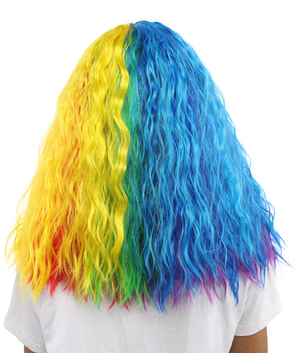 HPO Women’s 17 Inch Curly Rainbow Wig with Side Bangs—Colorful Long Hairpiece with breathable Capless Cap | Ideal for Halloween, Cosplay, Pride and Drag Shows