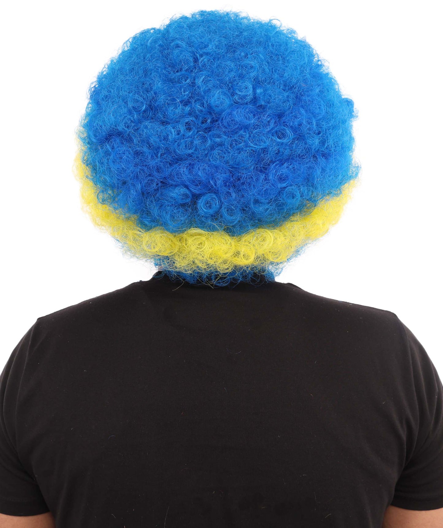 HPO Curacao Flag Afro Wig | 11 Inch Blue Yellow Stripe White Stars Design | Sports Event National Holiday Parade Soccer Match Fan Gear