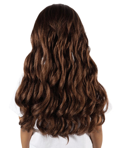 HPO Women’s Long Wavy Brown Wig | Flame-retardant Synthetic Fiber | Lightweight Capless Design for Halloween and Party