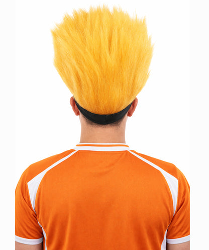 HPO Men's Purple and Golden Spiky Wig | Short Upright Mohawk Style Flame-retardant Synthetic Fiber Headband Design | Halloween Themed Party Dress Up Sports Fan Accessory