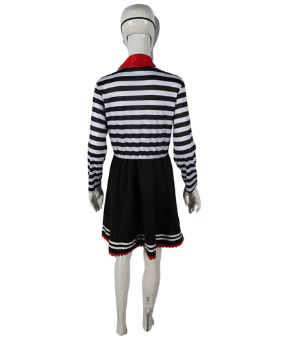 HPO Adult Women Mime Costume for Women | Black & White Striped Dress with Mask, Gloves & Tie Dress | Parisian Street Performer Outfit for Halloween, Cosplay & Theater