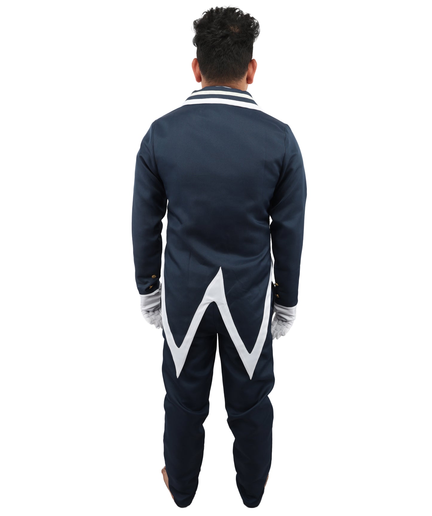 HPO Men's Noble Demon Duke Cosplay Navy Blue & White Suit | Includes Coat Pants Mock-Up Shirt Gloves | Crafted from Flame-retardant Synthetic Fabric | Adjustable Straps for Secure Fit