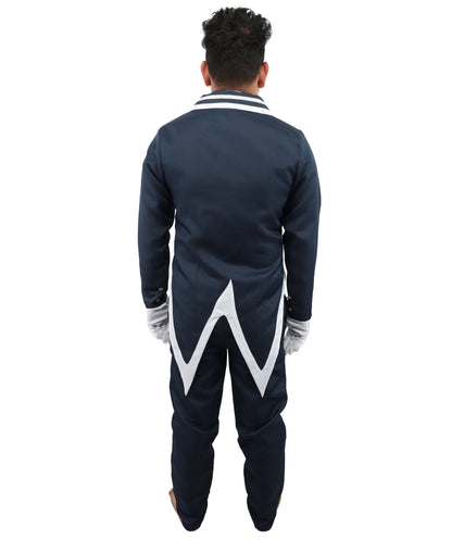 HPO Men's Noble Demon Duke Cosplay Navy Blue & White Suit | Includes Coat Pants Mock-Up Shirt Gloves | Crafted from Flame-retardant Synthetic Fabric | Adjustable Straps for Secure Fit