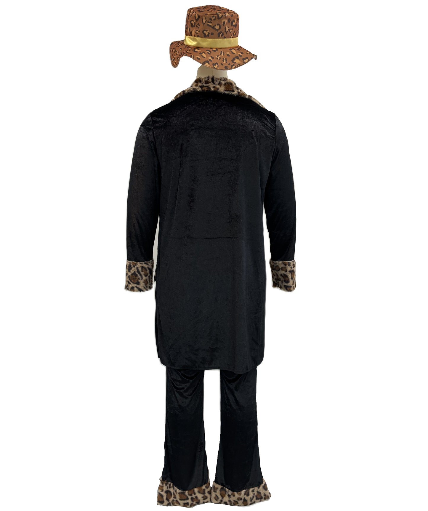 HPO Men's Fur Trim Costume Set | Sleek black construction featuring a long coat and pants with leopard fur trim and matching hat | Ideal for party, Halloween, cosplay, theater, drag, performance, costume events