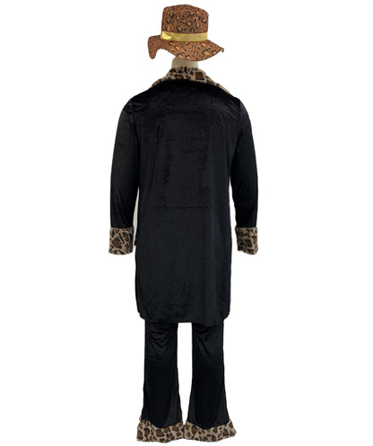 HPO Men's Fur Trim Costume Set | Sleek black construction featuring a long coat and pants with leopard fur trim and matching hat | Ideal for party, Halloween, cosplay, theater, drag, performance, costume events