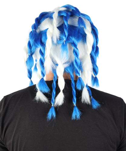HPO Men's Braided Rasta Dreadlocks Blue & White Wig | Medium Synthetic Hairpiece | Cosplay, Halloween, Party & Stage Costume