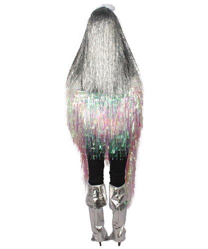 HPO Unisex Silver Holographic Long Tinsel Jacket Costume Bundle with Silver Tinsel Wig