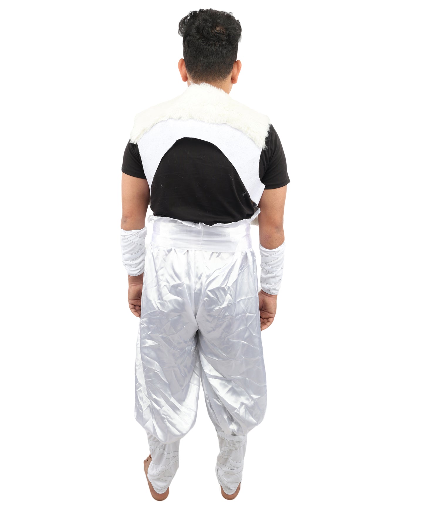 HPO Men's Anime Fighter Roleplay Suit | Crisp white satin construction featuring pants, dress, belt, and hand socks | Ideal for party, Halloween, cosplay, theater, drag, performance, costume events