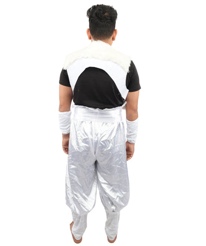 HPO Men's Anime Fighter Roleplay Suit | Crisp white satin construction featuring pants, dress, belt, and hand socks | Ideal for party, Halloween, cosplay, theater, drag, performance, costume events