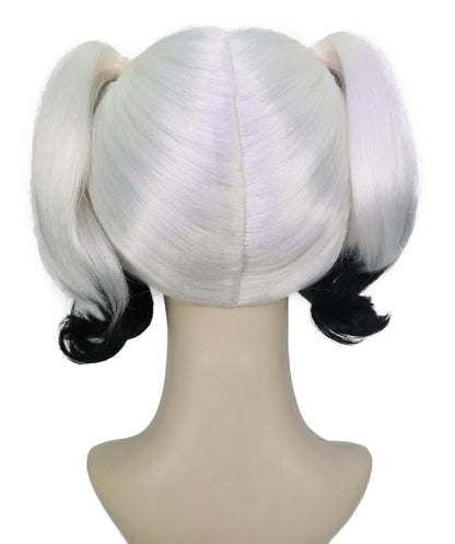 HPO Adult Women’s Black and White Pigtail Wig | Split Color Curly Hairpiece with Bangs | Ideal for Halloween, Cosplay, and Fancy Dress Wig