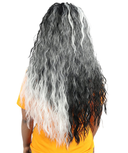 HPO Women’s Long Black and White Gothic Wig – 26 Inch Extra Long Wavy Two-Tone Hairpiece | Ideal for Halloween, Costume Parties & Themed Events