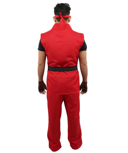 HPO Men Martial Arts Fighter Outfit | Red Gi Costume with Belt, Headband & Gloves, Body | Video Game Fighter costume For Cosplay & Themed Battle Events