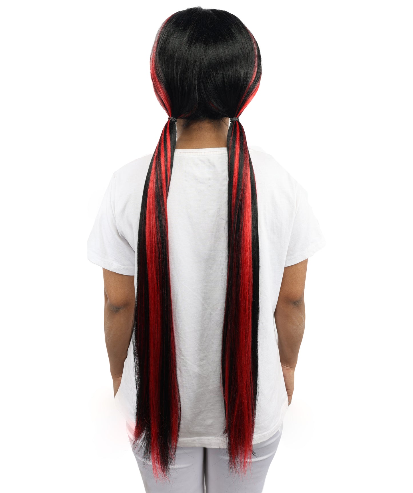 HPO Women's Gothic Harlequin Extra Long Wig | Heat Resistant Fiber Featuring Bold Crimson and Onyx Stripes with Curved Ends | Halloween Costume Events and Performance Art