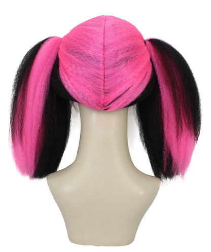 HPO Adult Women’s Steampunk Wig with Black Base and Vibrant Pink Streaks Ponytails | Synthetic Flame-Retardant Fiber |