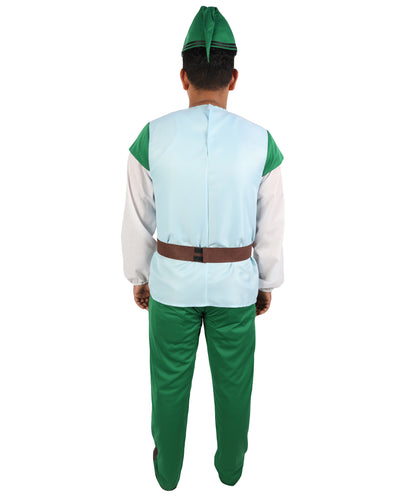 HPO  Men's Fairytale Dwarf Costume | Woodland Gnome Light Blue Vest Top Green Pants Set Pointed Hat Fake Beard | Halloween Cosplay Theater Drag Performance Costume Events