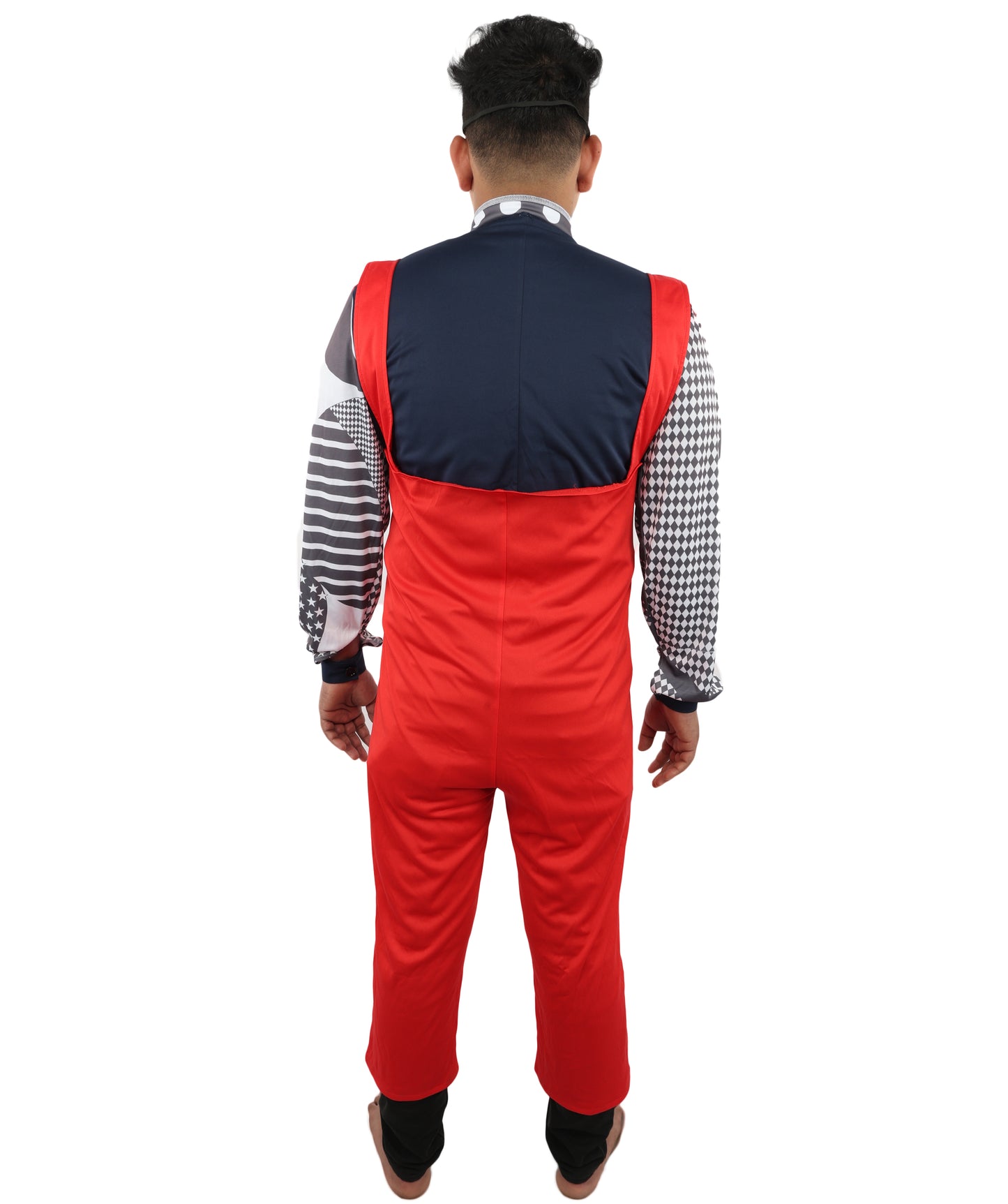 HPO Men's Retro Glam Rock Multicolor Costume | Red Overalls and Starry Shirt with Scarf and Eyepatch | Ideal for Halloween, Theater, Drag, and 70s Music Events