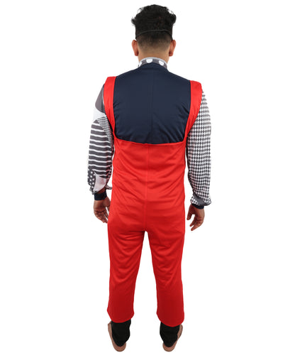 HPO Men's Retro Glam Rock Multicolor Costume | Red Overalls and Starry Shirt with Scarf and Eyepatch | Ideal for Halloween, Theater, Drag, and 70s Music Events