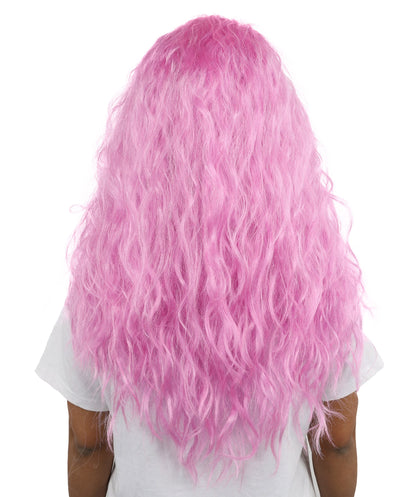 HPO Women’s Pink Long Wavy Wig | 25 Inch Long Hair with Capless Cap Design | Ideal for Playful at Halloween Cosplay, and Themed Parties