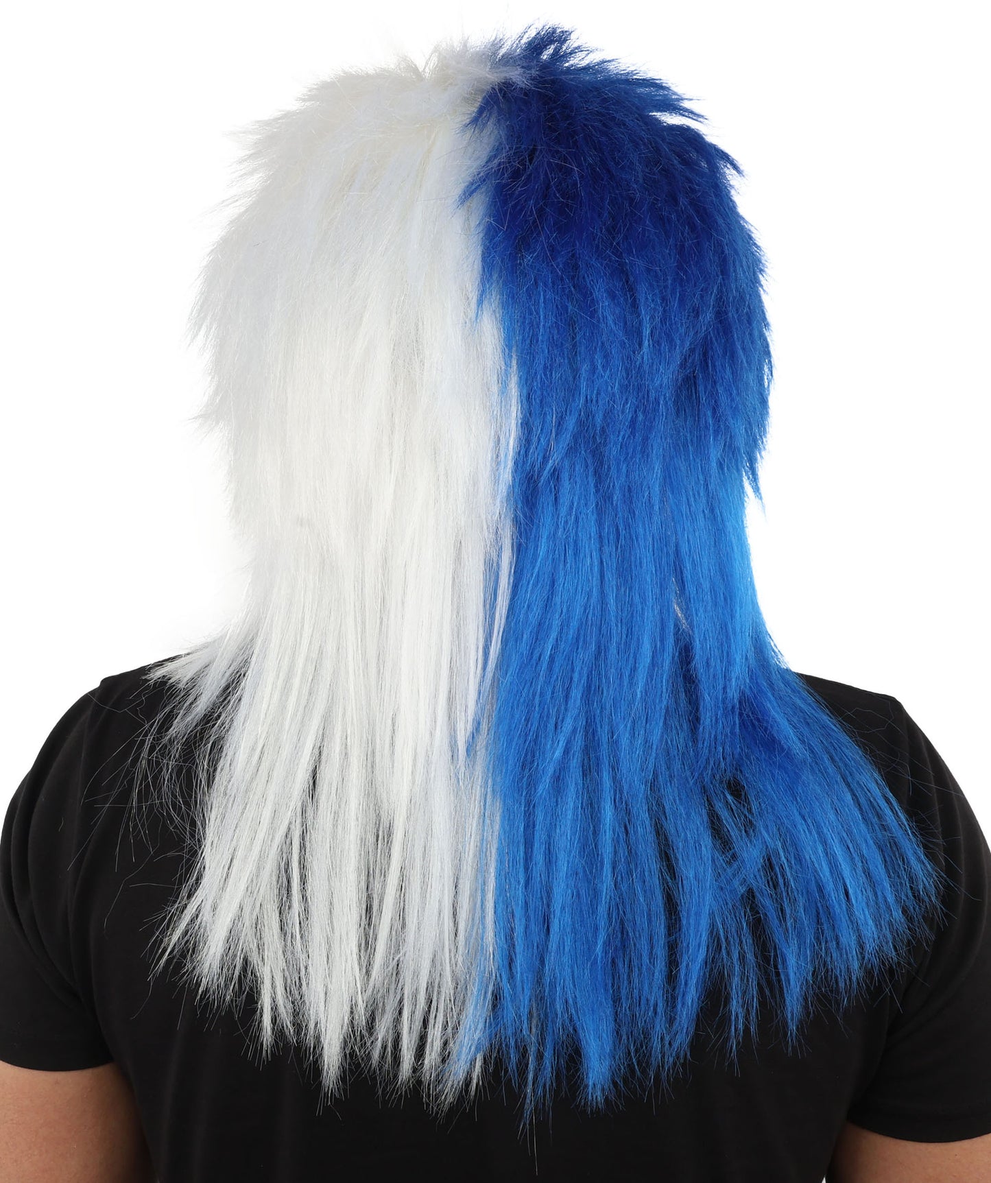 HPO Men's Two Tone Spirit Wig | Blue and White Messy Mullet Flame-retardant Synthetic Fiber | Halloween Themed Party Baseball Stadium Accessory