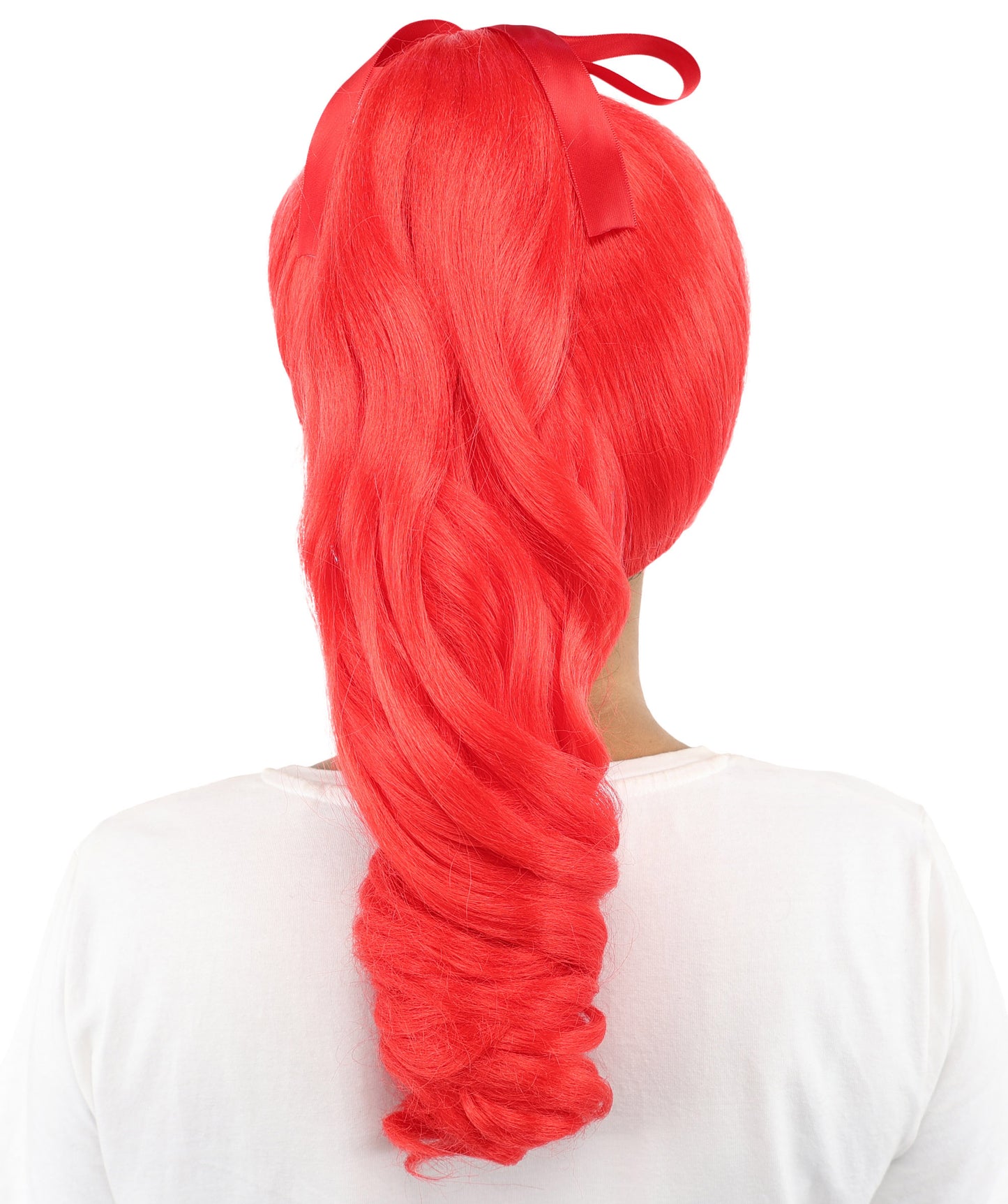 HPO Women's Spiral Ponytail Wig | Multicolor Options | High Updo with Red Ribbon Bow & Bangs, Heat Friendly Synthetic Fiber & Breathable Cap | Halloween, Christmas Event, Themed Party, Theater & Roleplay