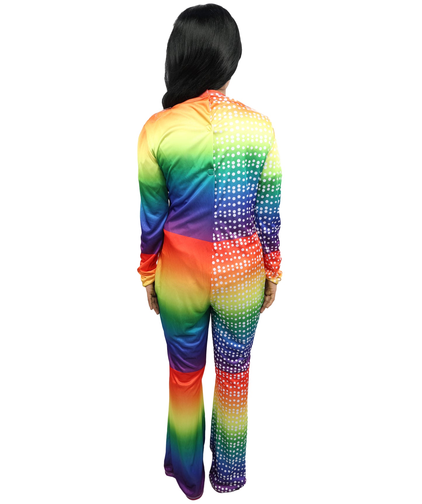 HPO Women’s Vivid Rainbow Disco Bodysuit – Multicolor Stretch Jumpsuit for Retro 70s, Funk, Festival & Dance Party Costumes | Long Sleeve Full Body Outfit with Flared Legs