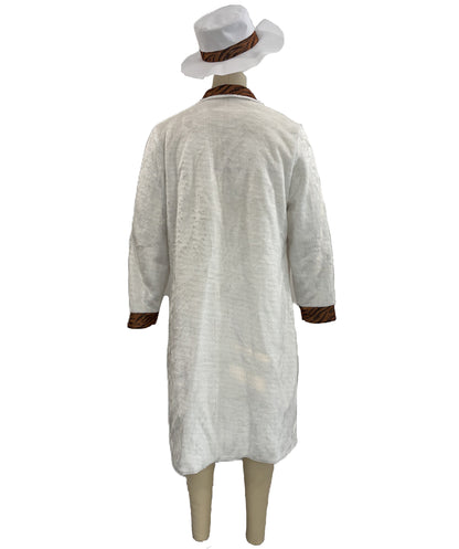 HPO Men's Vintage White Coat Set | Long white coat featuring contrasting brown lapels with a matching wide-brim hat | Ideal for party, Halloween, cosplay, theater, drag, performance, costume events