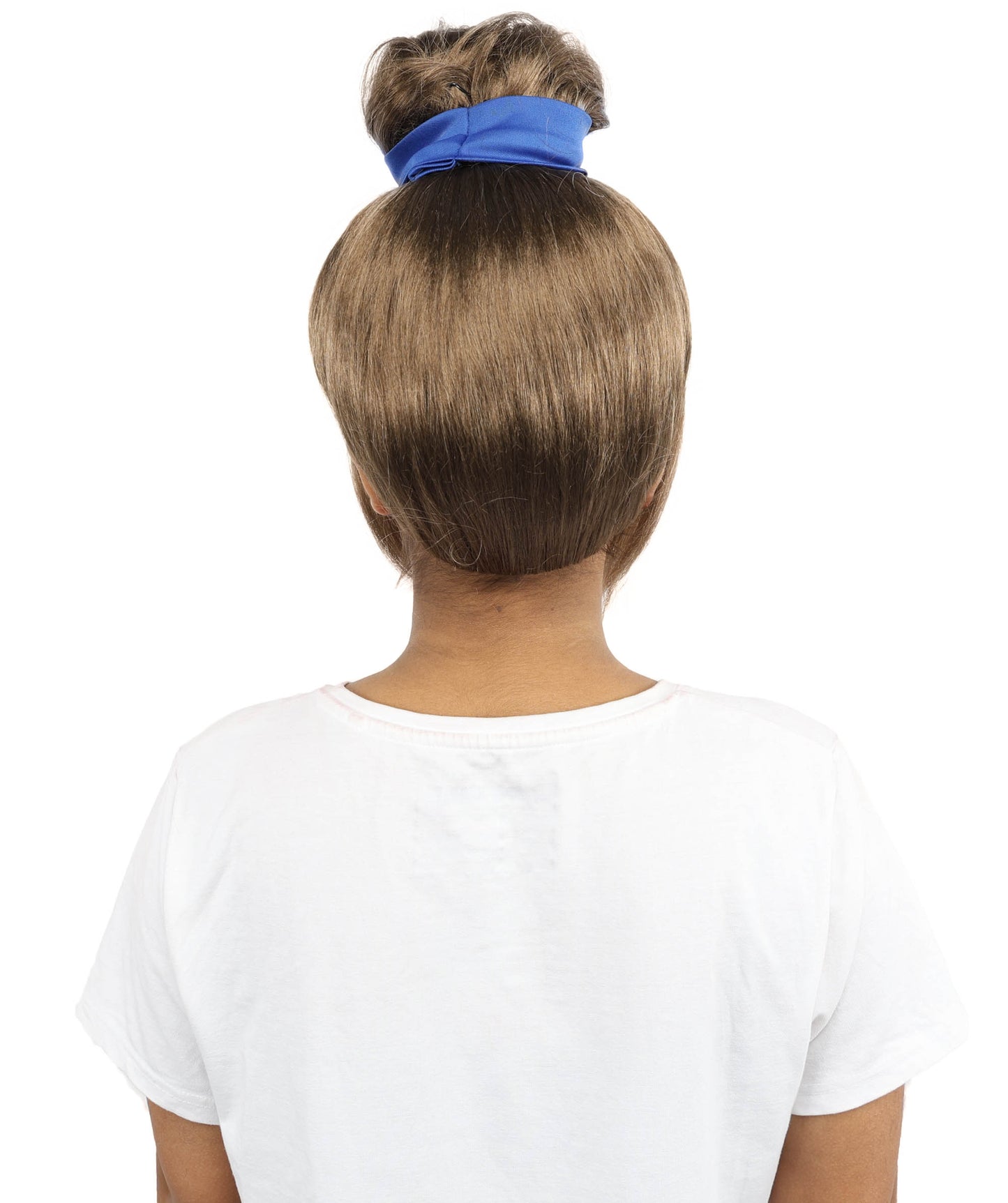 HPO Women’s Historical Tall Bun Wig with Blue Ribbon and Side Bangs | 12 Inch Synthetic Costume Hairpiece | Capless Cap Wig for Theater, Cosplay, Halloween Events
