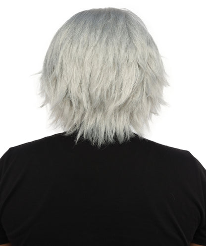 HPO Men's Two Tone Black & White Layered Anime Hair | Frosted Tips Messy Style, Natural Matte Finish, Adjustable Interior Net & Durable Strands | Carnival, Dress Up, Fantasy Conventions, Theater & Photo Shoots