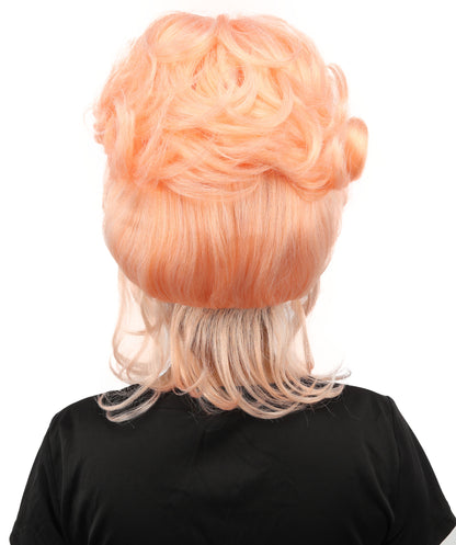 HPO Women's Elegant Updo Tendril Pink Wig | Pastel peach hue, create of synthetic fiber, high teased volume with face-framing strands, breathable capless cap | Party, Halloween, theater, drag, performance, costume events