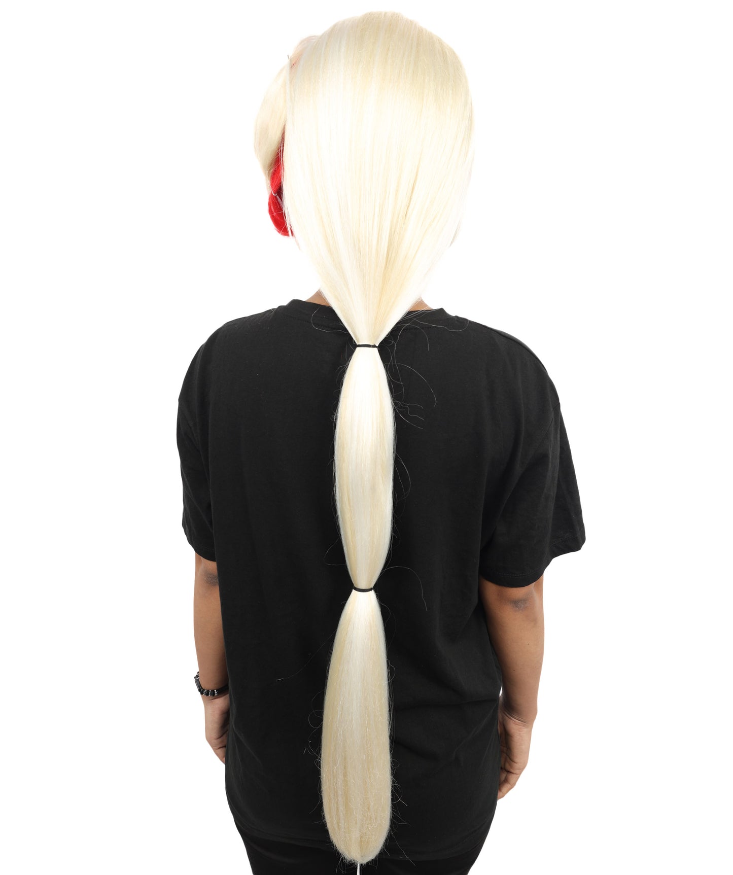 HPO Women's Vibrant Red & Blonde Character Wig | Extra Long Synthetic Hair with Layered Bangs | Adjustable Breathable Cap for Cosplay, Halloween & Stage