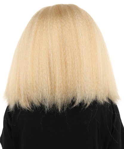 HPO Women's Long Rounded Cartoon Hair Wig | Black & Blonde Bubble Bob, Deep Side Part, Heat Friendly Synthetic Strands & Breathable Net | Fancy Dress, Stage Show, Animated Character Events, Halloween & Festival