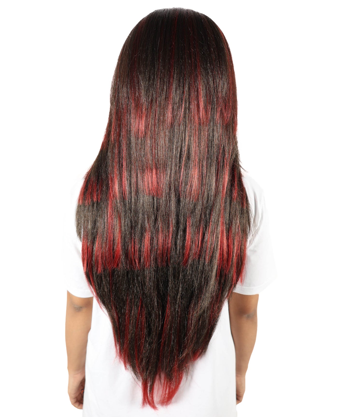 HPO Women's Edgy Celebrity Roleplay Red & Brown Wig |Flame-resistant Fiber with a comfortable capless fit | Ideal for party, Halloween, cosplay, theater, drag, performance, costume events