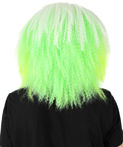 HPO Women’s Gothic Ghost-Inspired White and Neon Green Crimped Wig with Volume and Texture | Synthetic Hairpiece for Halloween, Cosplay & Themed Parties |Flame-retardant Synthetic Fiber