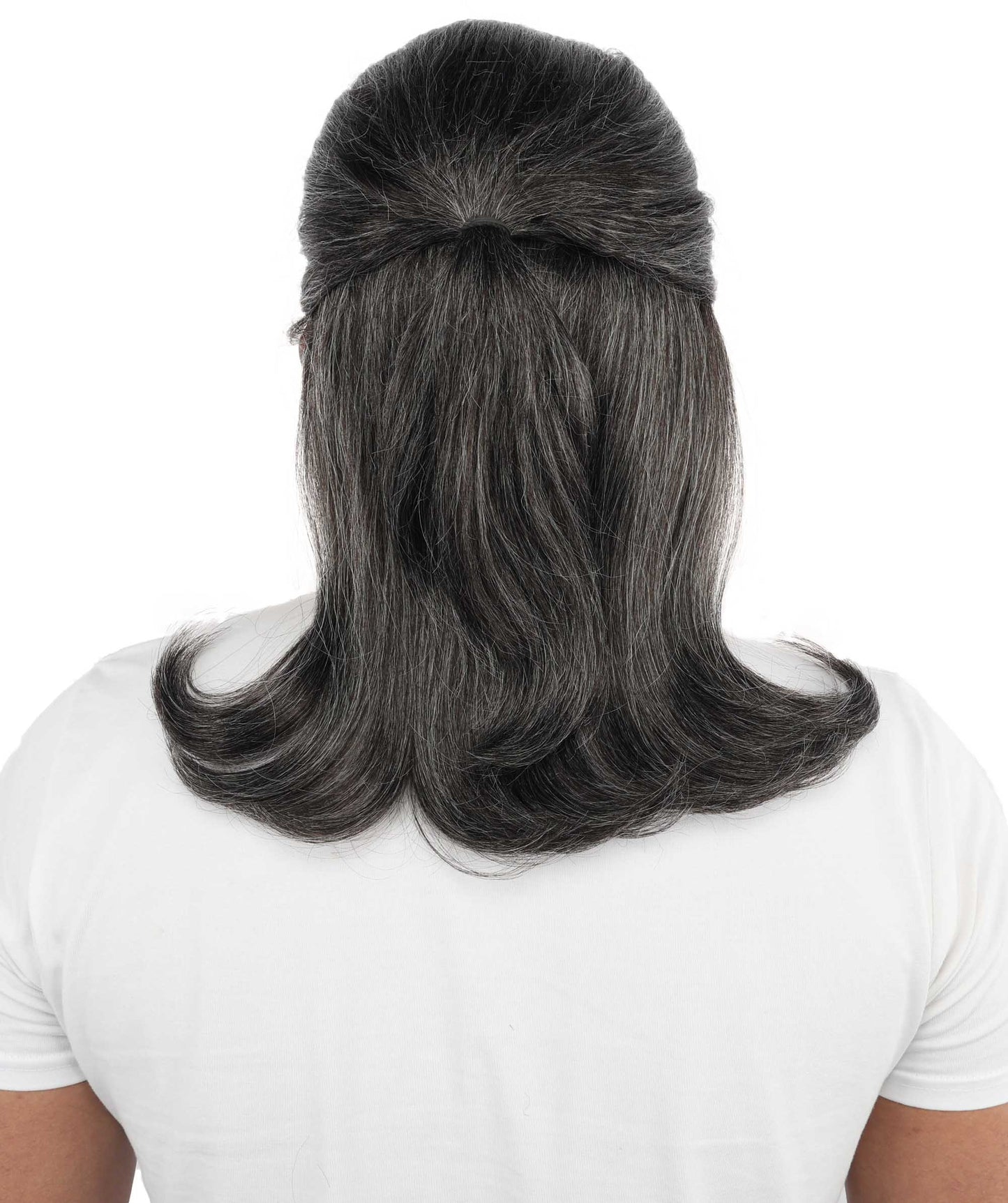 HPO Men's Samurai Warrior Wig | 15 Inch Grey & White Mixed Swept Back Texture Half Ponytail Style | Party Halloween Cosplay Theater Drag Performance Costume Events