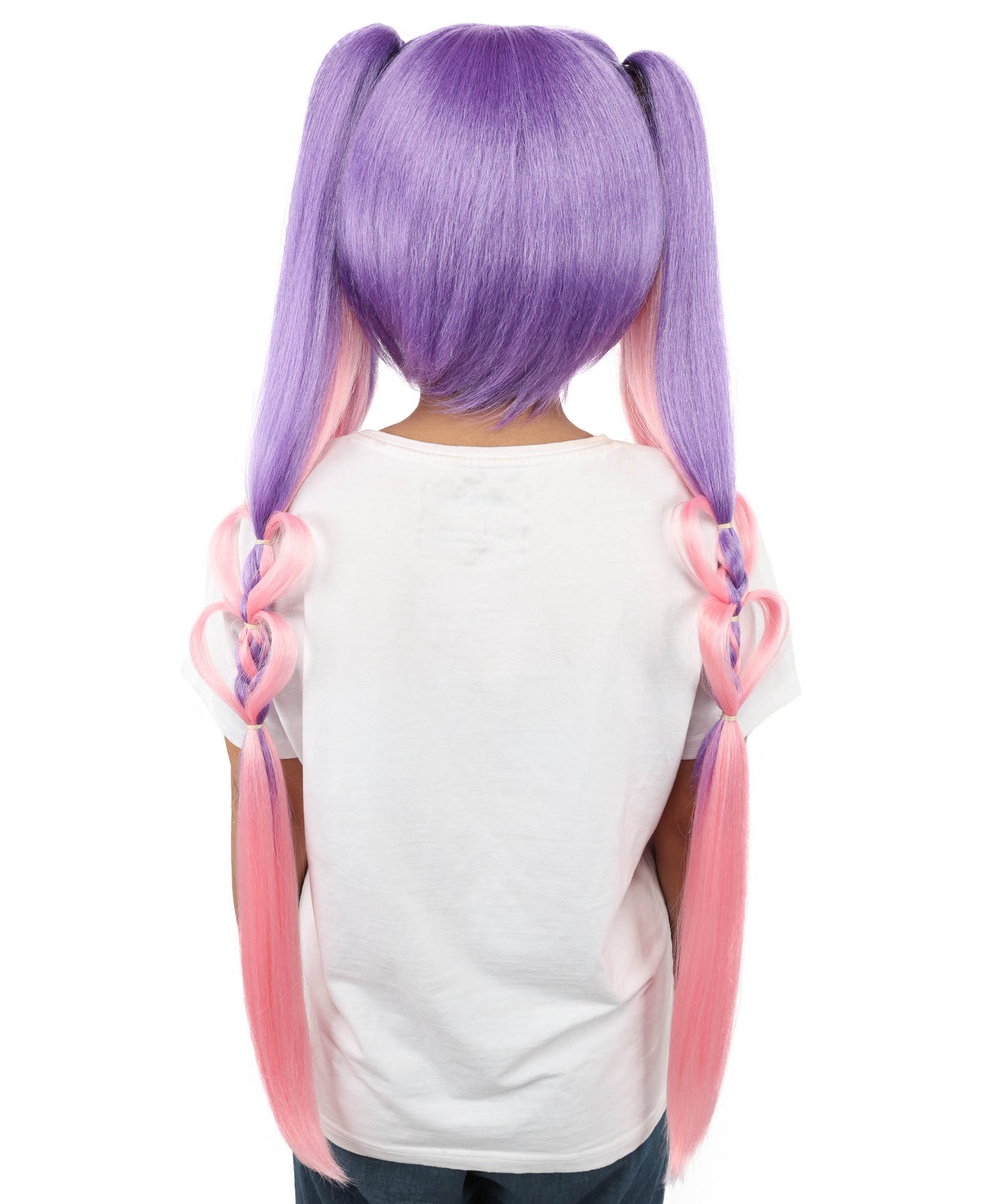 HPO Women's Heart Pigtail Character Wig | Dual-tone purple and pink, create of synthetic fiber, long structured pigtails with heart-shaped loops, breathable base | Party, Halloween, theater, drag, performance, costume events