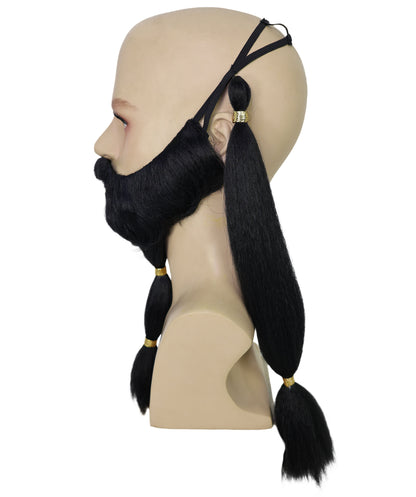 HPO Men's Theatrical Beard and Ponytail Wig Set | Black  full beard and long ponytail style | Ideal for party, Halloween, cosplay, theater, drag, performance, costume events