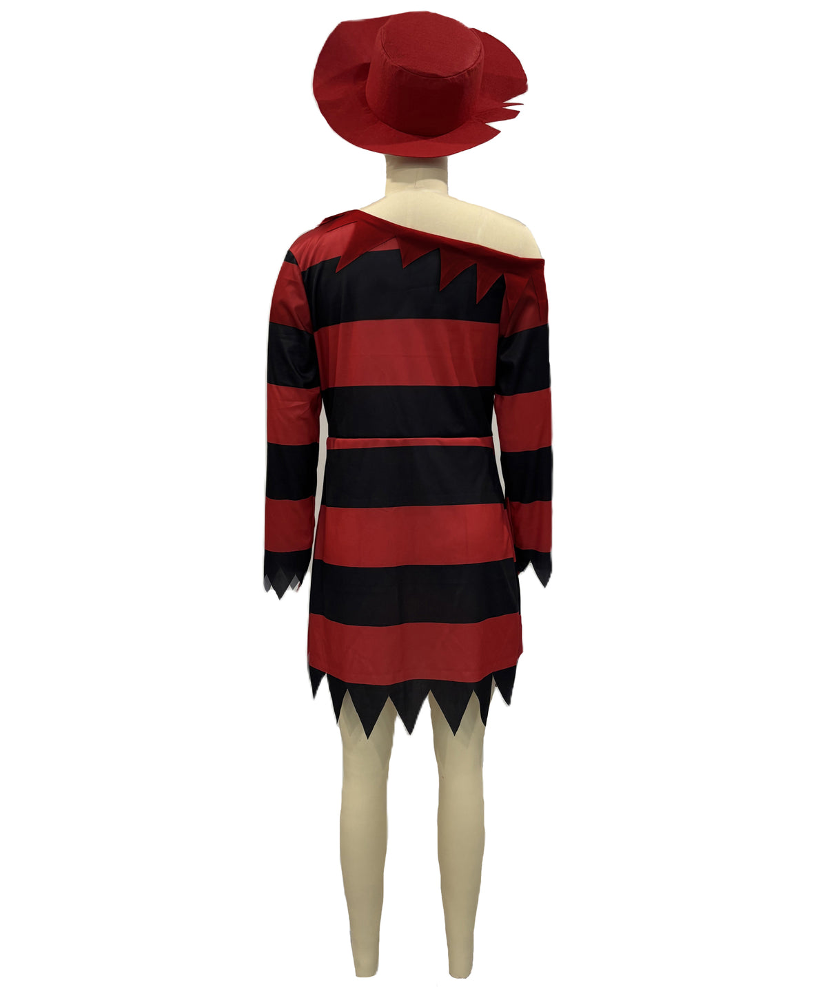 HPO Women's Striped Nightmare Costume | Two Tone Horizontal Patterned Tricot Jersey Dress With Classic Fedora Hat Accent | Halloween Cosplay Theater Drag Performance Costume Events