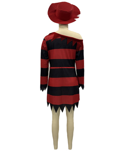HPO Women's Striped Nightmare Costume | Two Tone Horizontal Patterned Tricot Jersey Dress With Classic Fedora Hat Accent | Halloween Cosplay Theater Drag Performance Costume Events
